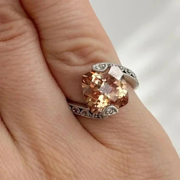 Bypass Shank Rose Gold Cubic Zirconia Stone Cushion Cut Sterling Ring - Sz 5 - Picture 5 of 10